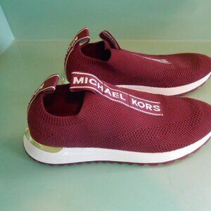 Michael Kors Women's Size 7 M Burgundy Mesh Slip Ons Michal Kors Tab Gold Trim